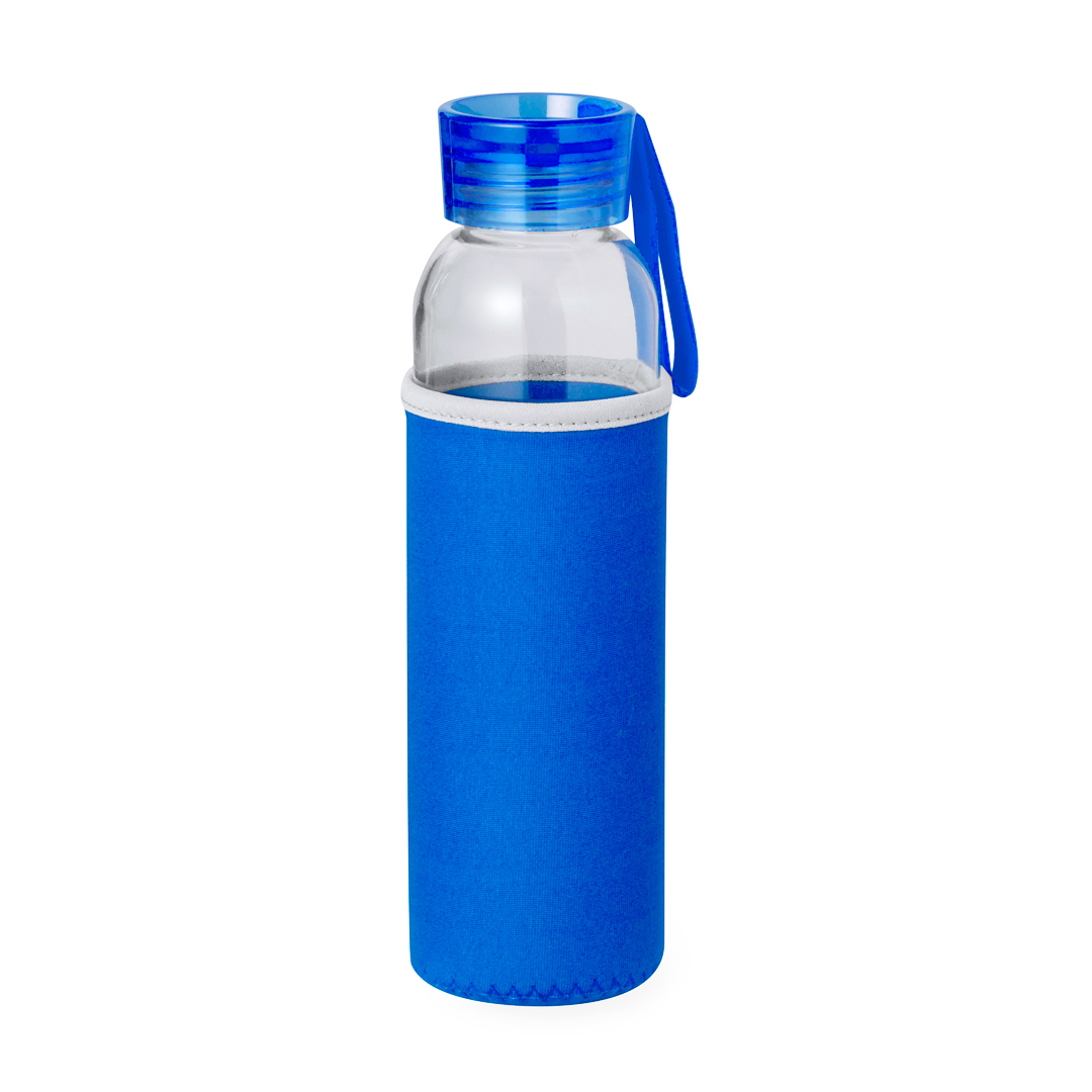 Glazen-waterfles-met-softshell-hoes-500-ml-bedrukken-blauw