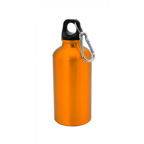 Aluminium-waterfles-met-karabijnhaak-400-ml-bedrukken-oranje