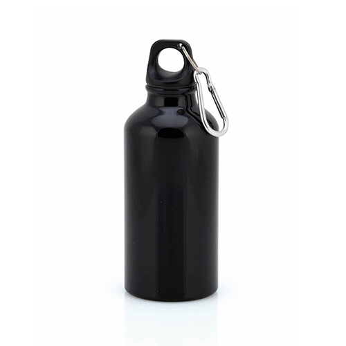 Aluminium-waterfles-met-karabijnhaak-400-ml-bedrukken-zwart