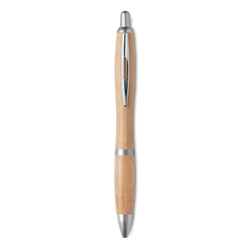 Bamboe-balpen-met-blauwe-inkt-Drukmechanisme-bedrukken-zilver