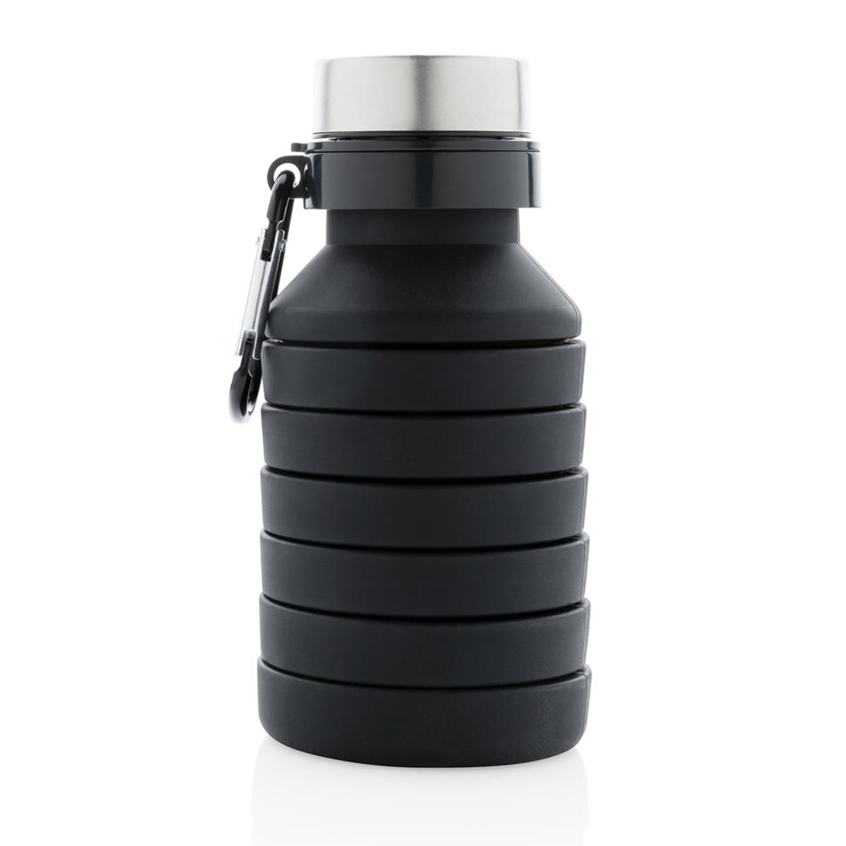 Opvouwbare-waterfles-met-karabijnhaak-Siliconen-550-ml-bedrukken-zwart