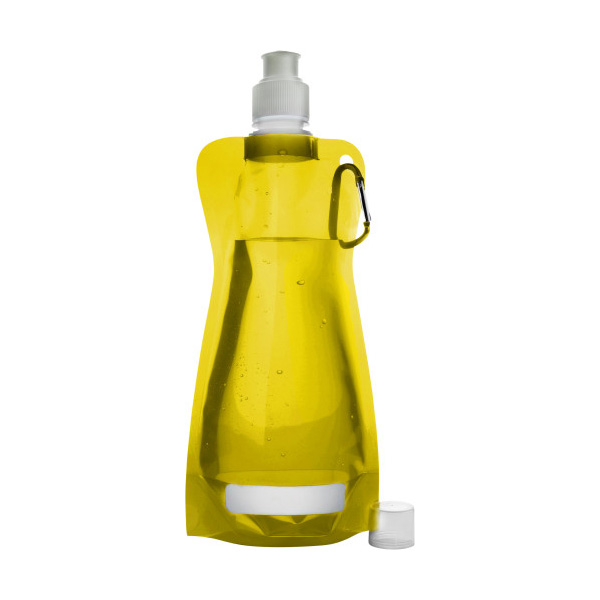 Opvouwbare-waterzak-met-karabijnhaak-420-ml-bedrukken-geel
